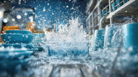 Dynamic splash captures the elegance of blue dishware on a wooden table. Ideal for showcasing kitchen themes, dining environments, and refreshing aesthetics.の素材