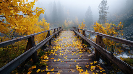 A tranquil bridge winds through a misty forest adorned with vibrant yellow leaves, inviting exploration and reflecting the serene beauty of autumn.の素材