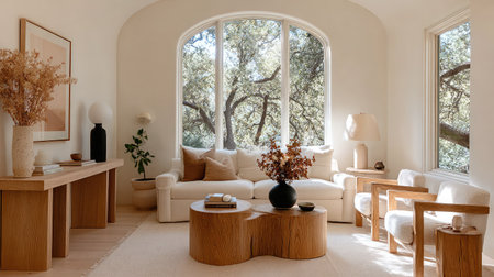 Bright and airy modern living room featuring natural light, minimalist decor, and a cozy atmosphere, perfect for relaxation and aesthetic enjoyment.の素材