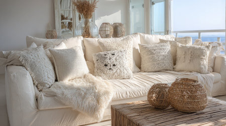 Bright and inviting living room featuring a cozy white sofa adorned with texture-rich pillows. Natural light floods the space, highlighting the elegant decor and warm ambiance.の素材