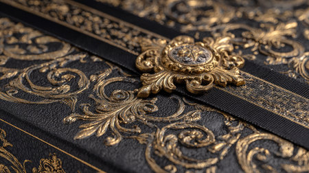 This close-up image showcases an ornate vintage leather-bound book adorned with intricate gold embellishments and a decorative black ribbon, highlighting the elegance and craftsmanship of classic literature.の素材
