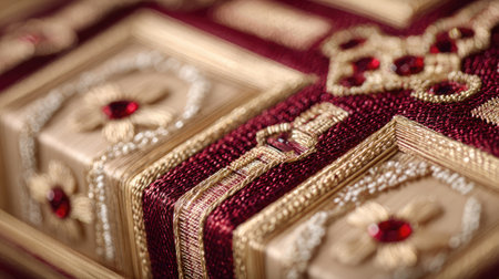 This stunning close-up showcases intricate embroidery with red gems, highlighting the exceptional craftsmanship on a luxurious textile background.の素材