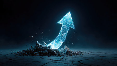 An eye-catching image of a glowing ice arrow rising from fractured rocks symbolizes growth and progress against a dark background, evoking inspiration and motivation.の素材