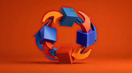 This image features an arrangement of colorful geometric shapes including squares and curves forming a dynamic circular pattern on a bold orange backdrop.の素材