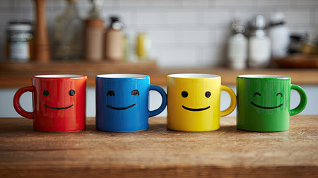 A set of four colorful mugs featuring smiley faces sits on a wooden kitchen table, creating a joyful atmosphere for morning beverages and gatherings.の素材