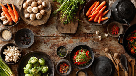 A visually appealing arrangement of fresh organic vegetables and herbs on a rustic wooden table, perfect for healthy cooking and culinary inspiration.の素材
