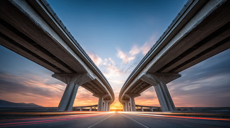 This stunning image showcases a dramatic perspective of a concrete overpass at sunset, with vibrant colors lighting up the sky and light trails illuminating the road below.の素材