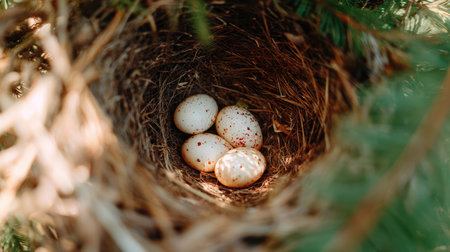 This image captures a close-up view of a bird nest filled with delicate eggs. The vibrant colors and textures highlight the beauty of nature, making it an ideal choice for wildlife and conservation themes.の素材