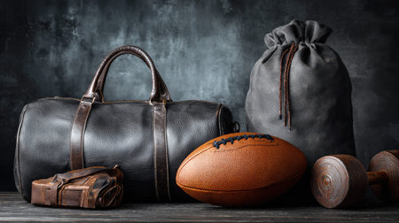 A stylish black leather sports bag sits beside a football and weights, ideal for showcasing athletic lifestyle, fitness activities, and sports gear organization.の素材