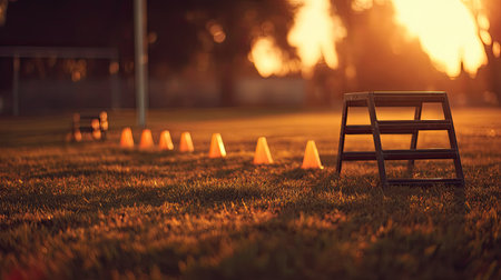 This image captures a serene sunset over a training ground, featuring athletic equipment like cones and a plyometric box, ideal for fitness enthusiasts.の素材