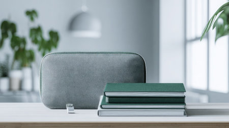 This image showcases a modern workspace featuring a grey case and stacked green notebooks on a wooden desk, accentuated by natural light and plants, embodying simplicity and elegance.の素材
