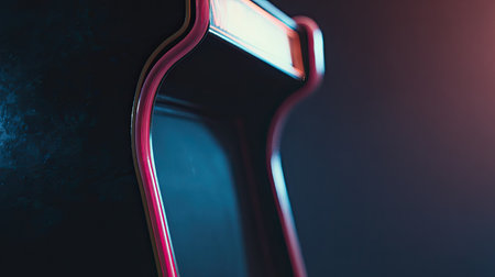 This image features a close-up view of a retro arcade game console showcasing vibrant edges and dramatic lighting against a dark background, capturing the essence of gaming nostalgia and excitement.の素材