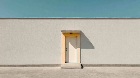 This image showcases a minimalist architecture scene featuring a solitary doorway set against a smooth textured wall, with a clear blue sky above.の素材