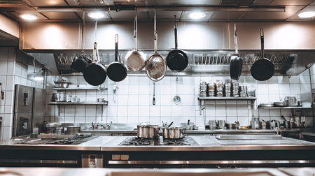 A vibrant and efficient commercial kitchen showcasing stainless steel pots and pans, emphasizing a clean and organized cooking environment ideal for chefs.の素材