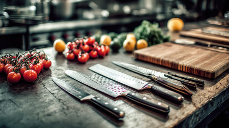 A vibrant kitchen scene featuring fresh tomatoes, greens, and lemons alongside sharp chef knives on a textured countertop, perfect for cooking enthusiasts.の素材