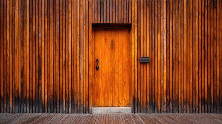 An inviting wooden door lies at the center of a wall adorned with vertical wooden stripes, showcasing rich warm tones and natural texture.の素材