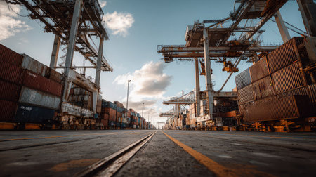 A modern shipping yard scene featuring towering crane machinery and neatly stacked cargo containers against a clear blue sky. Perfect for illustrating logistics and trade.の素材
