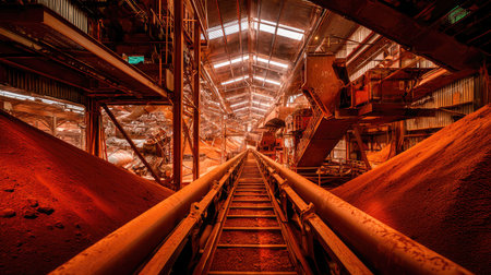 A striking view of an industrial processing plant featuring a long conveyor belt leading into a raw material storage area enveloped in orange hues.の素材