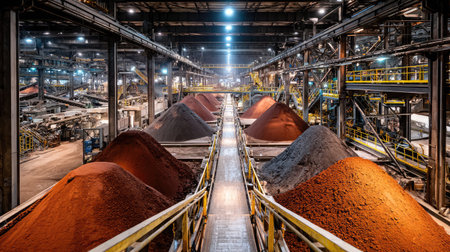 A spacious industrial warehouse showcasing large piles of colorful raw materials under bright lights, highlighting modern manufacturing processes and organization.の素材