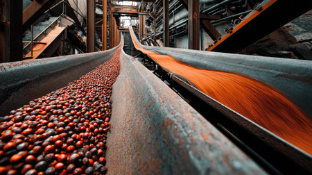 Industrial conveyor belt system showcases the movement of brown material and red grains in a modern production facility, highlighting efficiency and technology.の素材