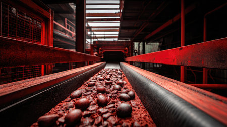 This image showcases an industrial conveyor belt in a chocolate factory, transporting raw cocoa beans. The vibrant red tones and intricate textures highlight the factory's dynamic environment and the cocoa processing journey.の素材