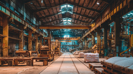 An expansive industrial warehouse interior showcases machinery and storage solutions in warm lighting, highlighting the complex design of manufacturing spaces.の素材
