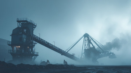 A captivating scene depicting industrial machinery in a foggy mining site. The unique atmospheric conditions create dramatic contrasts, highlighting the equipment's structure.の素材
