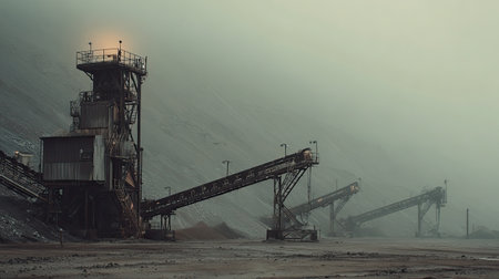 Captivating industrial scene featuring conveyors and crushers surrounded by fog, emphasizing machinery and construction in a moody atmosphere.の素材