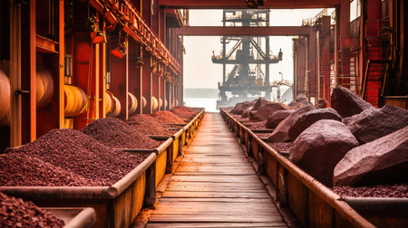 This image captures an industrial port scene featuring cargo bins filled with minerals and heavy machinery in the background. The warm light enhances the bustling atmosphere of logistics and transportation.の素材