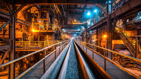 A captivating interior view of an industrial warehouse featuring rail tracks and heavy machinery under ambient lighting, showcasing the complexity of modern manufacturing.の素材