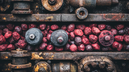 This image captures a close-up view of weathered machinery featuring vibrant red and black pebbles, showcasing a unique blend of textures and colors.の素材