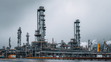 A vast industrial complex featuring tall towers and intricate pipelines under a cloudy sky, showcasing modern manufacturing and energy production.の素材