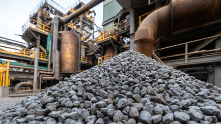 A detailed view of a pile of gray gravel at an industrial construction site featuring machinery and piping, highlighting the essential materials for projects.の素材