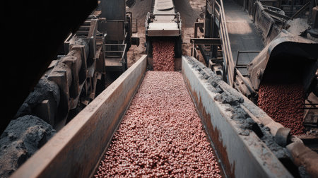 A detailed view of an industrial conveyor system efficiently transporting copper ore granules in a mining and metallurgy facility. This image captures the intricate machinery and processes involved in mineral extraction and handling.の素材