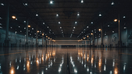 A spacious indoor sports facility featuring a polished reflective floor and dim ambient lighting, ideal for volleyball, basketball, and various events.の素材
