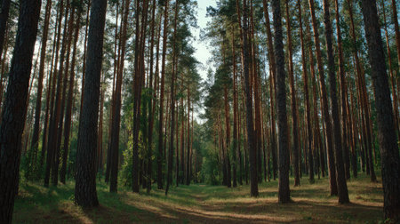 Experience the beauty of a pine forest with sunlight filtering through tall trees and lush underbrush. A serene escape into nature's tranquility.の素材