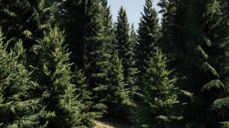 This serene image captures a lush evergreen forest filled with tall trees and abundant greenery, showcasing the beauty of nature in bright daylight.の素材