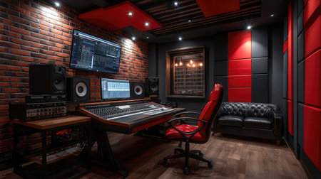 A stylish and modern recording studio featuring advanced audio equipment and striking red accents, perfect for music production and sound engineering.の素材