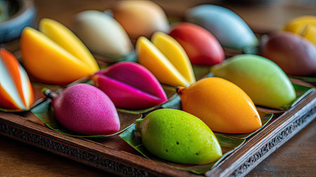 A stunning display of vibrant dessert creations on a wooden tray, showcasing a variety of unique shapes and colors that delight the senses. Perfect for culinary presentations.の素材