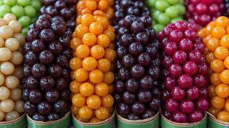 A vibrant assortment of fresh fruit ball treats arranged in colorful layers, showcasing an inviting display perfect for markets and food events.の素材