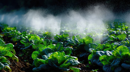 A vibrant farm scene showcasing fresh cabbage plants being watered with a fine spray. The lush green leaves glisten under warm sunlight, highlighting the active growth in a healthy agricultural environment.の素材