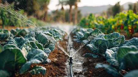 This vibrant image features rows of fresh organic cabbage being irrigated by a drip irrigation system, showcasing sustainable farming practices in a lush outdoor garden.の素材