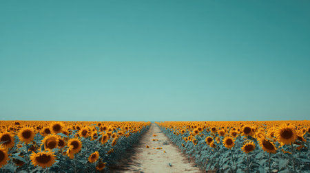 A stunning image of a vast sunflower field stretching under a bright blue sky. A pathway leads you through the vibrant blooms, evoking peace and beauty.の素材