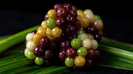 A captivating arrangement of colorful round decorative orbs displayed on green leaves. The combination of textures and vibrant colors creates an artistic visual appeal.の素材