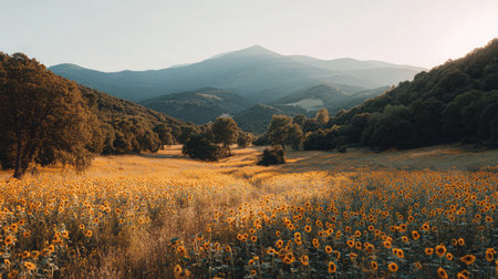 A breathtaking view of a sunflower field illuminated by the golden glow of sunset, surrounded by tranquil mountains and lush greenery.の素材