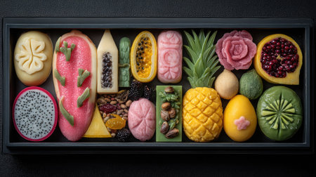 An artistic display of colorful Asian desserts featuring vibrant fruit shapes and exquisite details. Perfect for showcasing culinary creativity and tradition.の素材