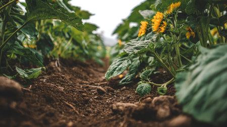 This image captures a close-up view of sunflower plants in a flourishing field, highlighting vibrant blooms and rich soil, evoking serenity in nature.の素材