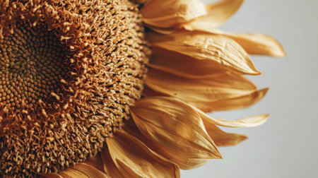 This close-up image captures the intricate details of a sunflower petal, showcasing its vibrant color and natural texture against a soft neutral background. Perfect for nature enthusiasts.の素材