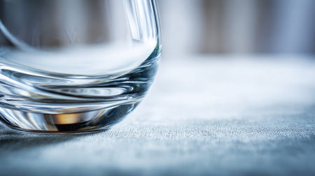 A striking close-up of a clear glass resting on a soft fabric surface, showcasing delicate reflections and subtle light patterns. Perfect for minimalist and elegant themes.の素材