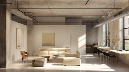 This image captures a modern minimalist living room featuring natural light illuminating a stylish and spacious design. Perfect for showcasing contemporary interior styles.の素材